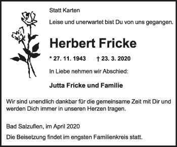 Anzeige  Herbert Fricke  Lippische Landes-Zeitung