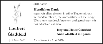 Anzeige  Herbert Gladtfeld  Lippische Landes-Zeitung