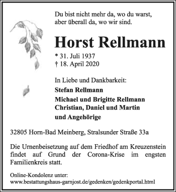 Anzeige  Horst Rellmann  Lippische Landes-Zeitung