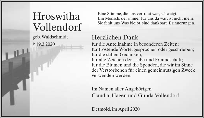  Traueranzeige für Hroswitha Vollendorf vom 25.04.2020 aus Lippische Landes-Zeitung