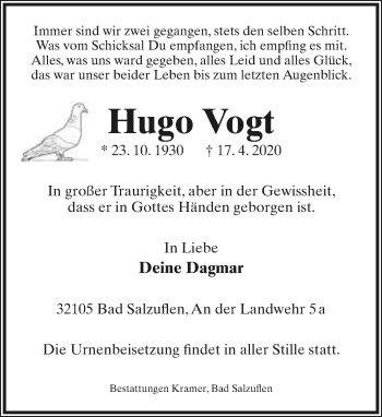 Anzeige  Hugo Vogt  Lippische Landes-Zeitung