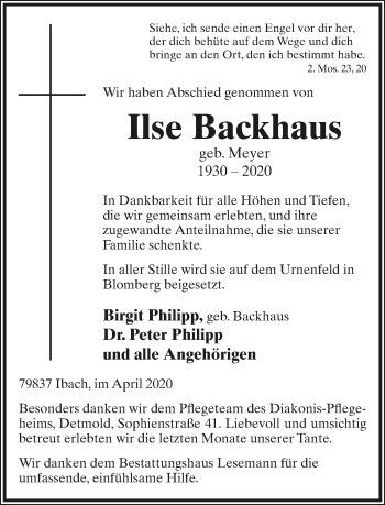 Anzeige  Ilse Backhaus  Lippische Landes-Zeitung