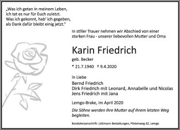 Anzeige  Karin Friedrich  Lippische Landes-Zeitung