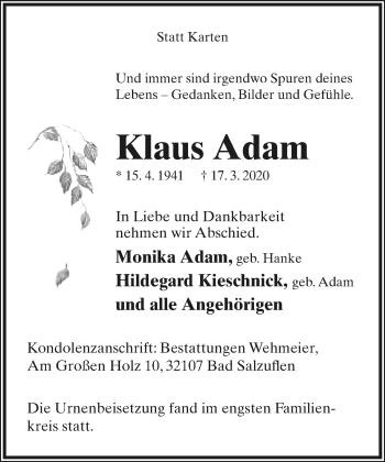 Anzeige  Klaus Adam  Lippische Landes-Zeitung