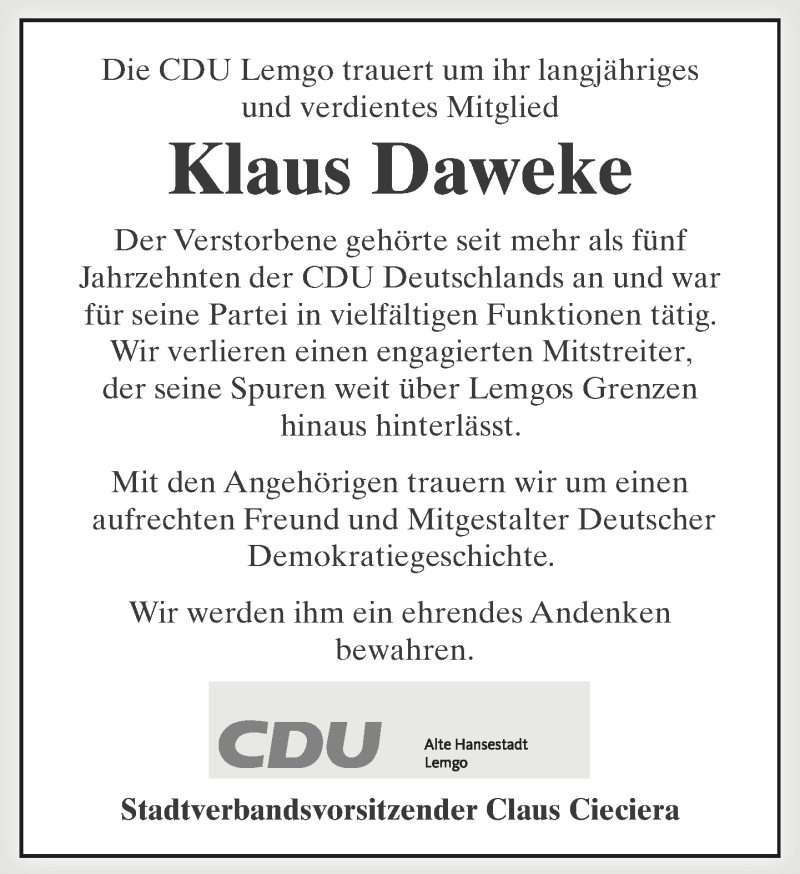  Traueranzeige für Klaus Daweke vom 08.04.2020 aus Lippische Landes-Zeitung