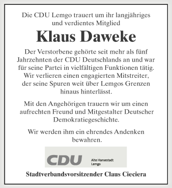 Anzeige  Klaus Daweke  Lippische Landes-Zeitung
