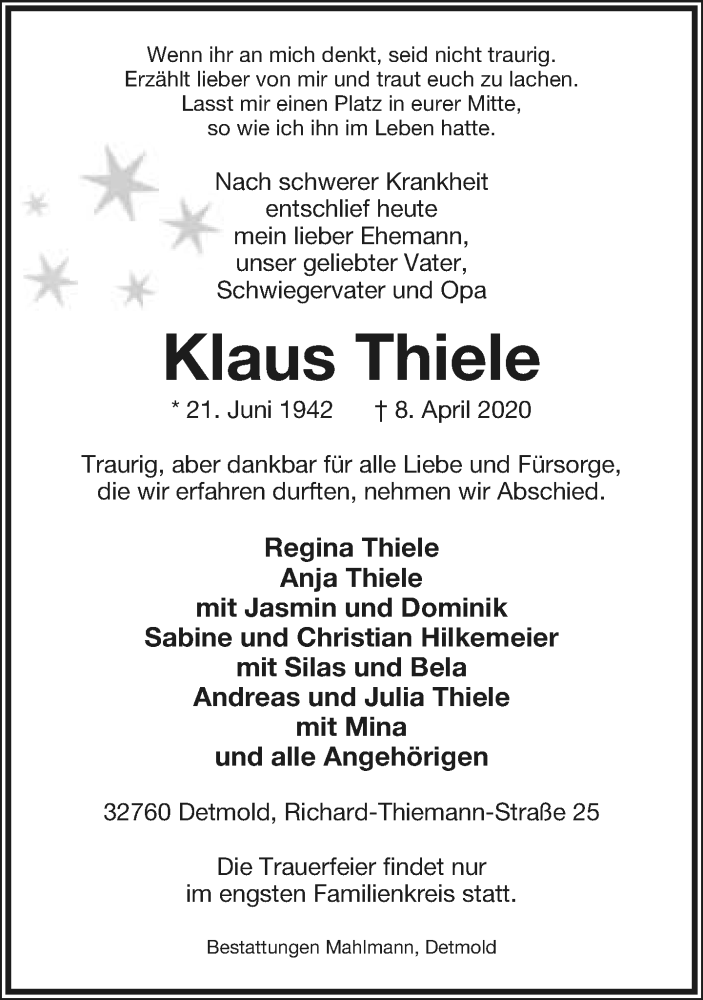  Traueranzeige für Klaus Thiele vom 10.04.2020 aus Lippische Landes-Zeitung
