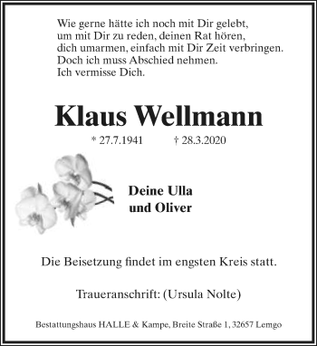 Anzeige  Klaus Wellmann  Lippische Landes-Zeitung