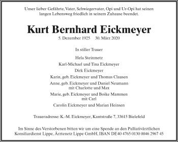 Anzeige  Kurt Bernhard Eickmeyer  Lippische Landes-Zeitung