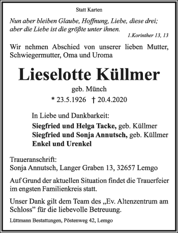 Anzeige  Lieselotte Küllmer  Lippische Landes-Zeitung