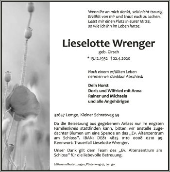 Anzeige  Lieselotte Wrenger  Lippische Landes-Zeitung
