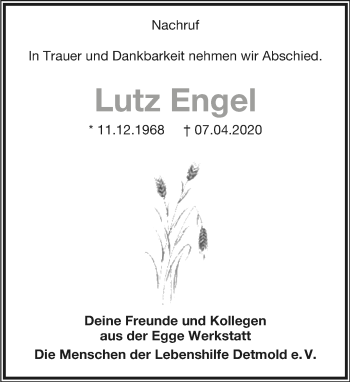 Anzeige  Lutz Engel  Lippische Landes-Zeitung