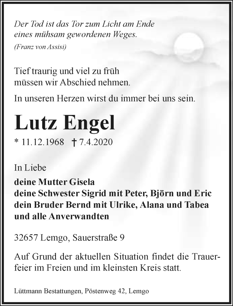  Traueranzeige für Lutz Engel vom 10.04.2020 aus Lippische Landes-Zeitung