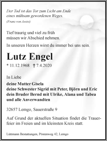 Anzeige  Lutz Engel  Lippische Landes-Zeitung