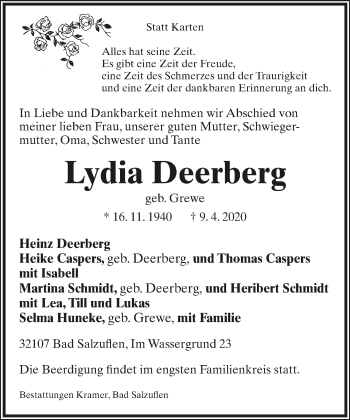 Anzeige  Lydia Deerberg  Lippische Landes-Zeitung