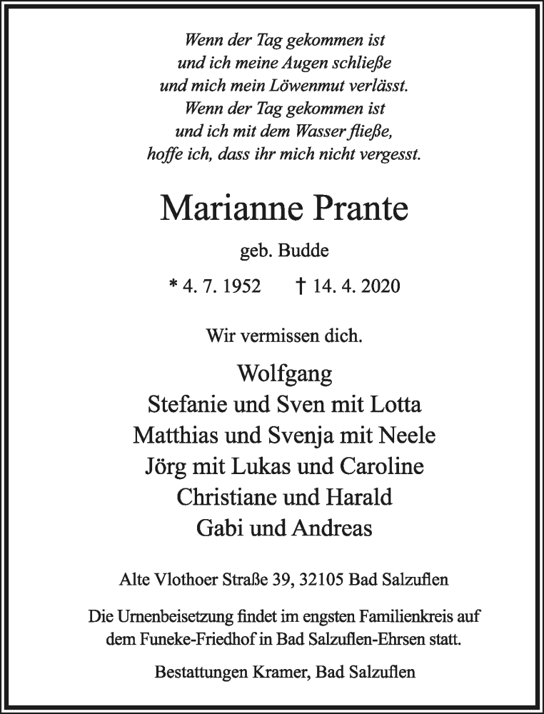  Traueranzeige für Marianne Prante vom 18.04.2020 aus Lippische Landes-Zeitung