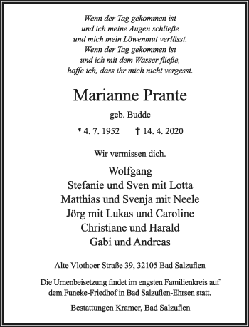 Anzeige  Marianne Prante  Lippische Landes-Zeitung