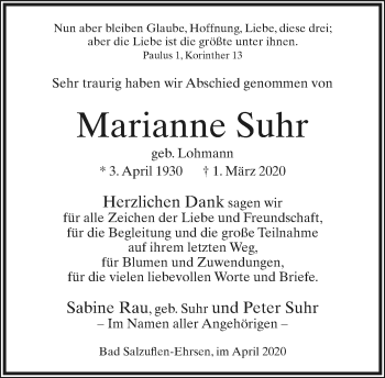 Anzeige  Marianne Suhr  Lippische Landes-Zeitung