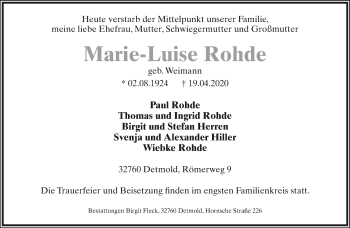 Anzeige  Marie-Luise Rohde  Lippische Landes-Zeitung