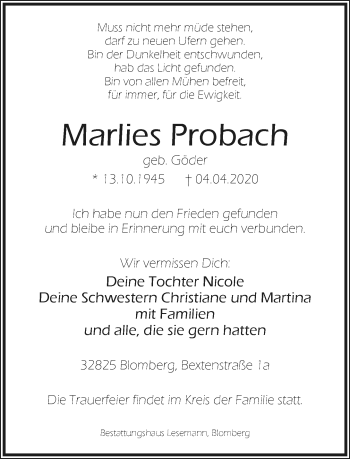 Anzeige  Marlies Probach  Lippische Landes-Zeitung