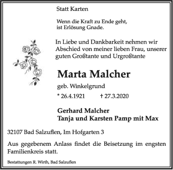 Anzeige  Marta Malcher  Lippische Landes-Zeitung