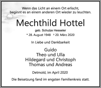 Anzeige  Mechthild Hottel  Lippische Landes-Zeitung