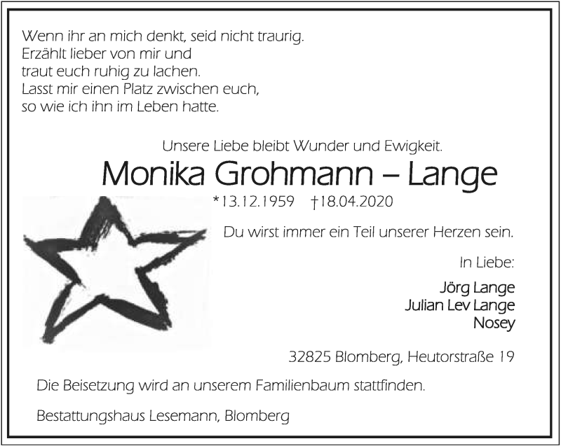  Traueranzeige für Monika  Grohmann-Lange vom 25.04.2020 aus Lippische Landes-Zeitung
