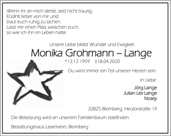 Anzeige  Monika  Grohmann-Lange  Lippische Landes-Zeitung