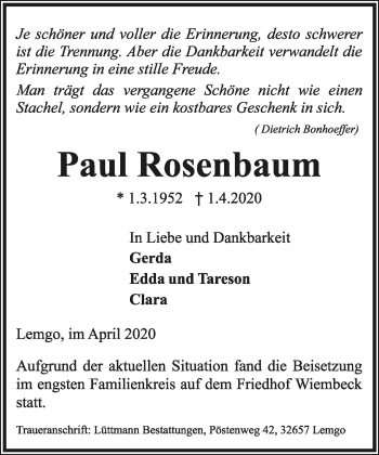 Anzeige  Paul Rosenbaum  Lippische Landes-Zeitung