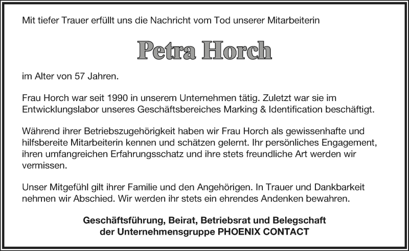  Traueranzeige für Petra Horch vom 24.04.2020 aus Lippische Landes-Zeitung