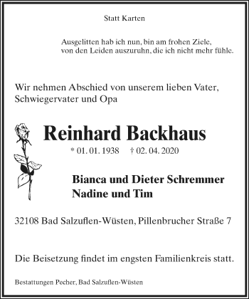 Anzeige  Reinhard Backhaus  Lippische Landes-Zeitung