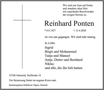 Anzeige  Reinhard Ponten  Lippische Landes-Zeitung
