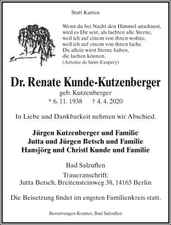 Anzeige  Renate Kunde-Kutzenberger  Lippische Landes-Zeitung