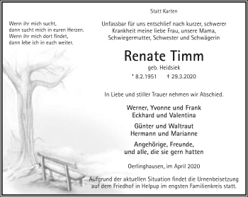 Anzeige  Renate Timm  Lippische Landes-Zeitung