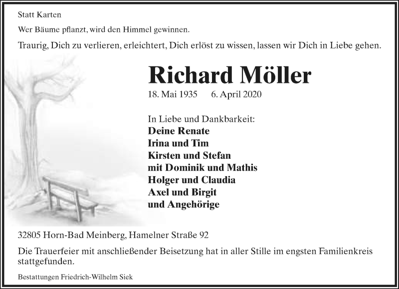 Traueranzeige für Richard Möller vom 10.04.2020 aus Lippische Landes-Zeitung