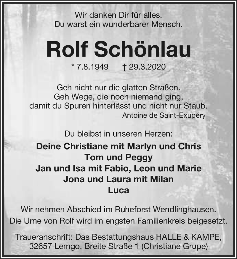  Traueranzeige für Rolf Schönlau vom 04.04.2020 aus Lippische Landes-Zeitung