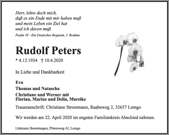 Anzeige  Rudolf Peters  Lippische Landes-Zeitung
