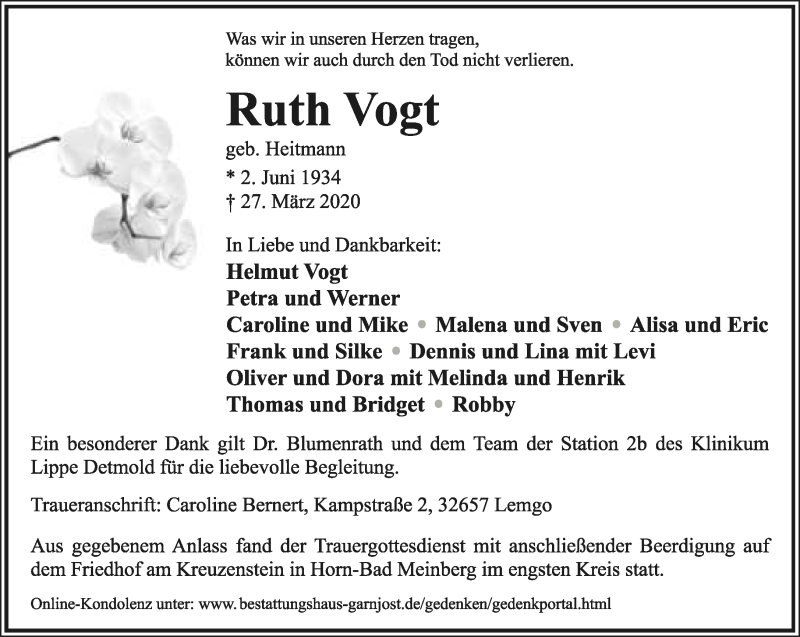  Traueranzeige für Ruth Vogt vom 04.04.2020 aus Lippische Landes-Zeitung