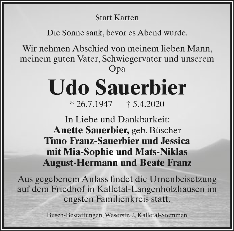  Traueranzeige für Udo Sauerbier vom 10.04.2020 aus Lippische Landes-Zeitung