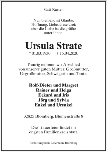 Anzeige  Ursula Strate  Lippische Landes-Zeitung