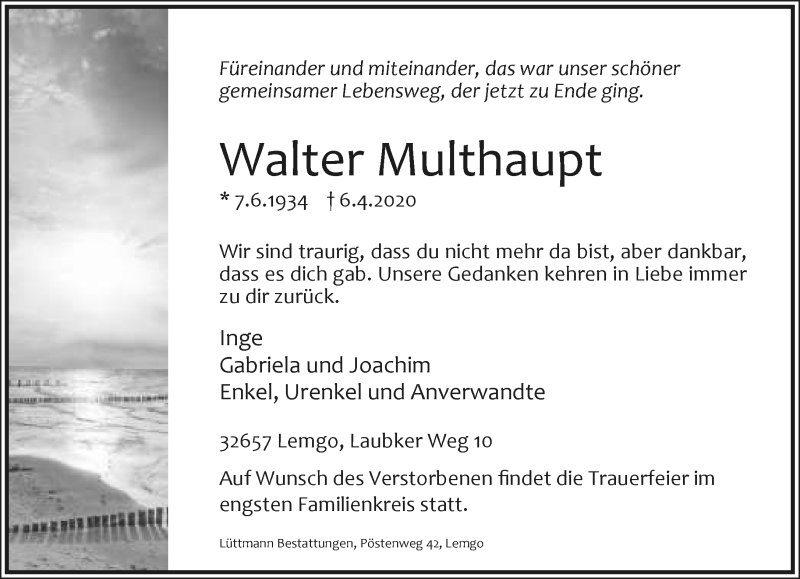 Traueranzeige für Walter Multhaupt vom 10.04.2020 aus Lippische Landes-Zeitung