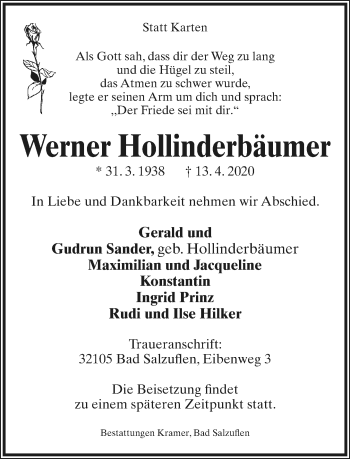 Anzeige  Werner Hollinderbäumer  Lippische Landes-Zeitung