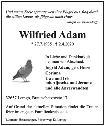 Anzeige  Wilfried Adam  Lippische Landes-Zeitung