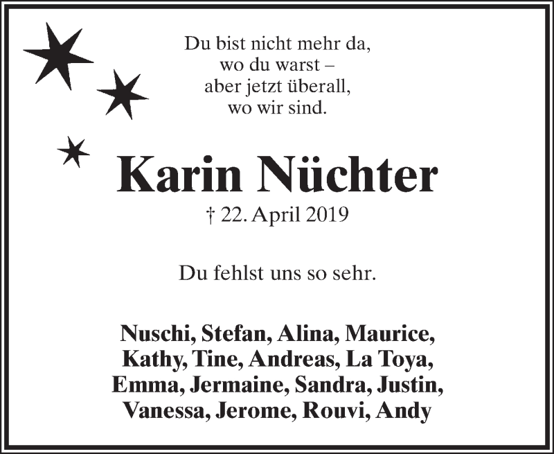  Traueranzeige für Karin Nüchter vom 22.04.2020 aus Lippische Landes-Zeitung