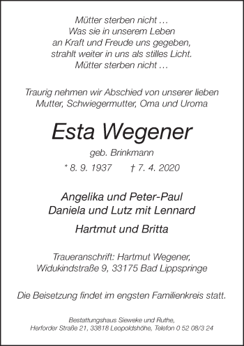 Anzeige  Esta Wegener  Lippische Landes-Zeitung