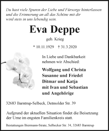 Anzeige  Eva Deppe  LIPPISCHE LANDES-ZEITUNG
