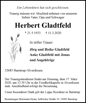 Anzeige  Herbert Gladtfeld  Lippische Landes-Zeitung
