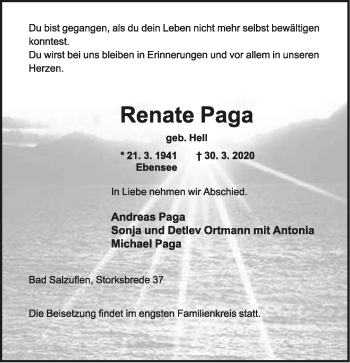 Anzeige  Renate Paga  LIPPISCHE LANDES-ZEITUNG