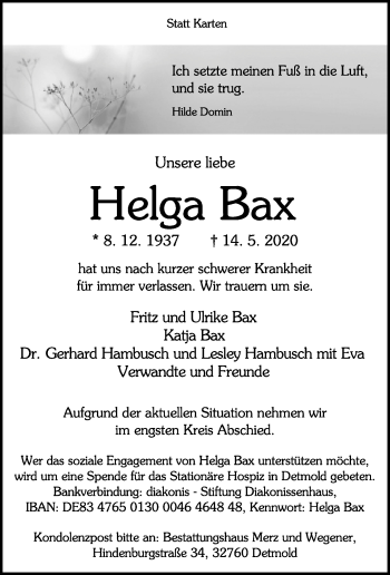 Anzeige  Helga Bax  Lippische Landes-Zeitung