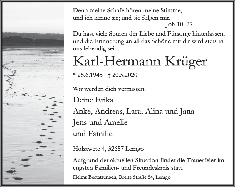  Traueranzeige für Karl-Hermann Krüger vom 26.05.2020 aus 